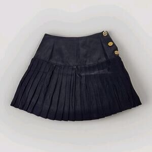 Vintage Handmade Womens Black Pleated Skirt Gold Tone Buttons Medium Preppy